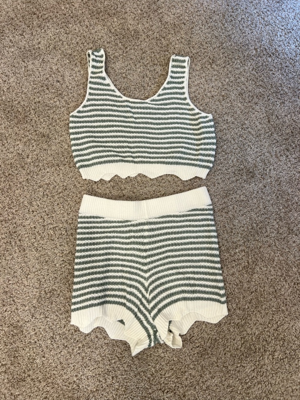 Striped Knit Lounge Set - Green & White Crop Tank and Shorts